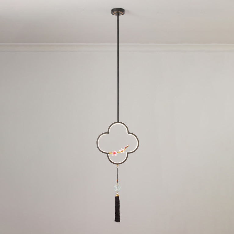 Traditional Chinese Four Leaf Clover Cylindrical Peach Blossom Zinc Alloy Copper LED Pendant Light For Bedroom