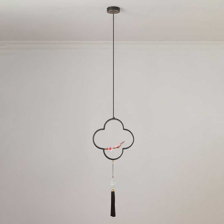 Traditional Chinese Four Leaf Clover Cylindrical Peach Blossom Zinc Alloy Copper LED Pendant Light For Bedroom