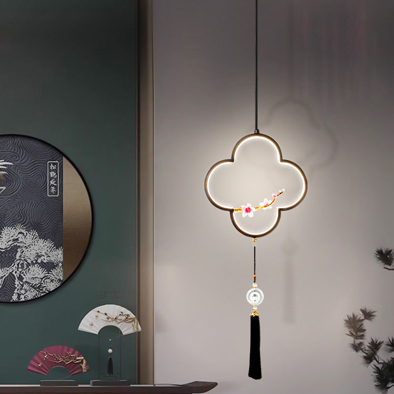 Traditional Chinese Four Leaf Clover Cylindrical Peach Blossom Zinc Alloy Copper LED Pendant Light For Bedroom