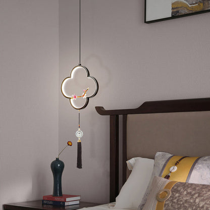 Traditional Chinese Four Leaf Clover Cylindrical Peach Blossom Zinc Alloy Copper LED Pendant Light For Bedroom