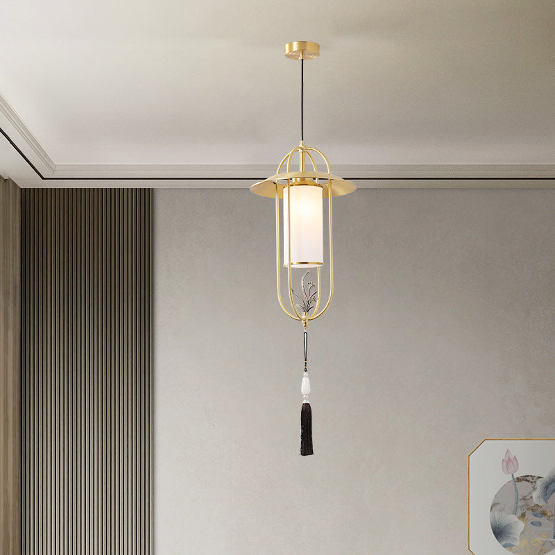 Traditional Chinese Cylindrical Copper Glass 1 - Light Pendant Light For Living Room