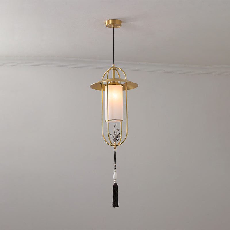 Traditional Chinese Cylindrical Copper Glass 1 - Light Pendant Light For Living Room