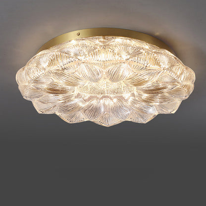 Contemporary Luxury Lotus Shape Stainless Steel Gold Leaf Copper Resin LED Semi-Flush Mount Ceiling Light For Living Room
