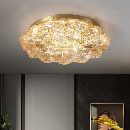 Contemporary Luxury Lotus Shape Stainless Steel Gold Leaf Copper Resin LED Semi-Flush Mount Ceiling Light For Living Room