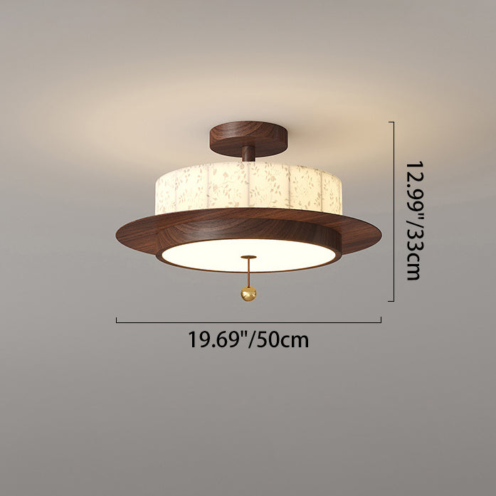 Traditional French Round Cylinder Flower Print Iron Fabric Wood LED Semi-Flush Mount Ceiling Light For Bedroom