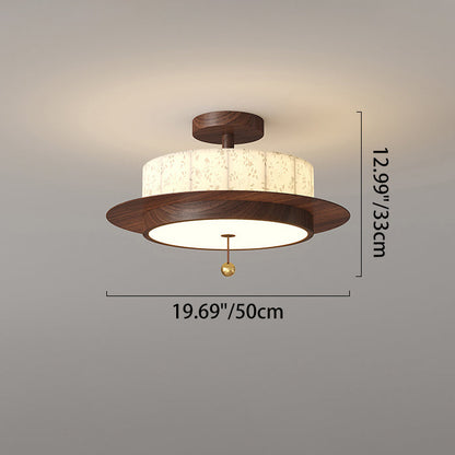 Traditional French Round Cylinder Flower Print Iron Fabric Wood LED Semi-Flush Mount Ceiling Light For Bedroom