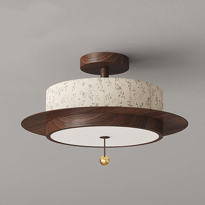 Traditional French Round Cylinder Flower Print Iron Fabric Wood LED Semi-Flush Mount Ceiling Light For Bedroom