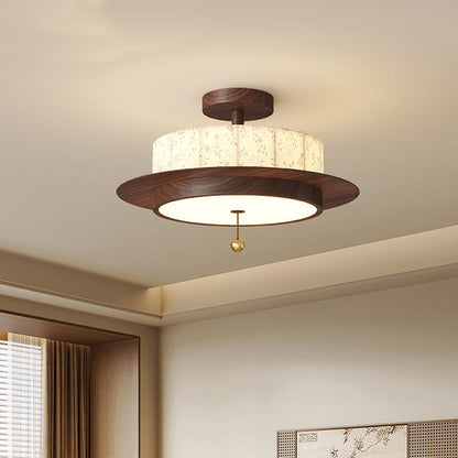Traditional French Round Cylinder Flower Print Iron Fabric Wood LED Semi-Flush Mount Ceiling Light For Bedroom