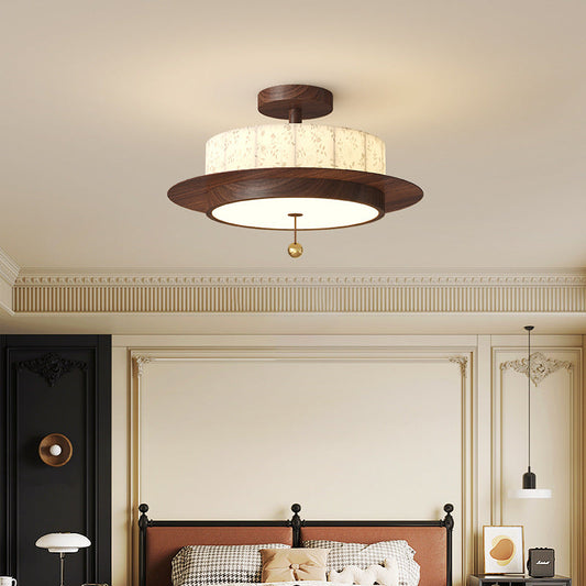 Traditional French Round Cylinder Flower Print Iron Fabric Wood LED Semi-Flush Mount Ceiling Light For Bedroom