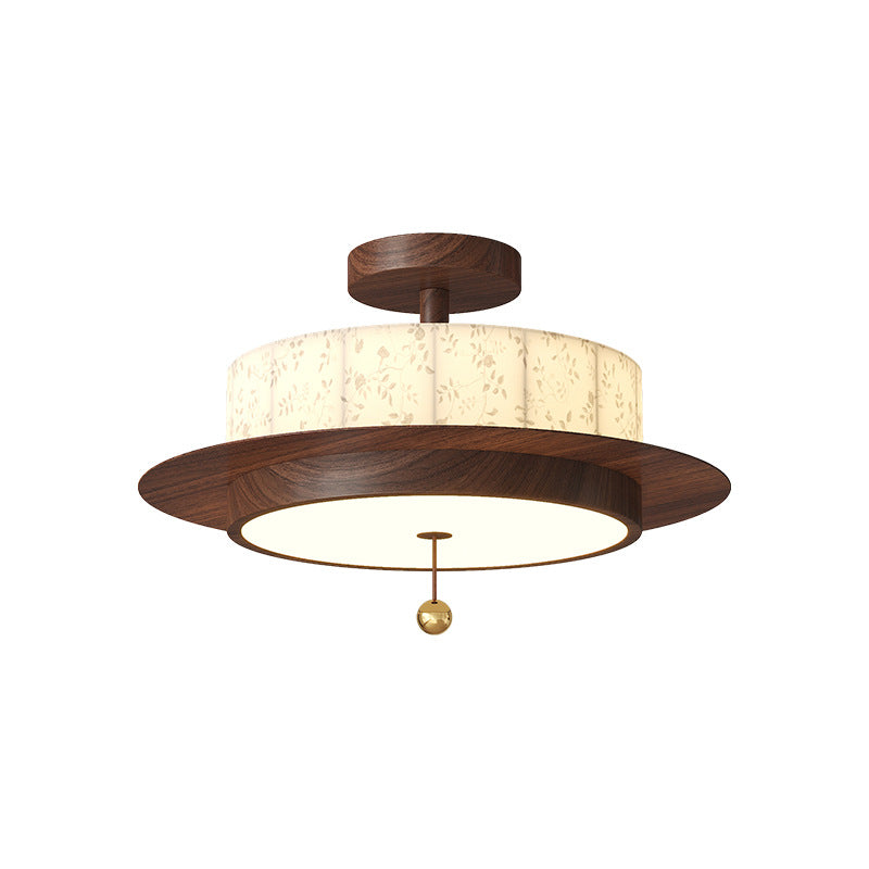 Traditional French Round Cylinder Flower Print Iron Fabric Wood LED Semi-Flush Mount Ceiling Light For Bedroom