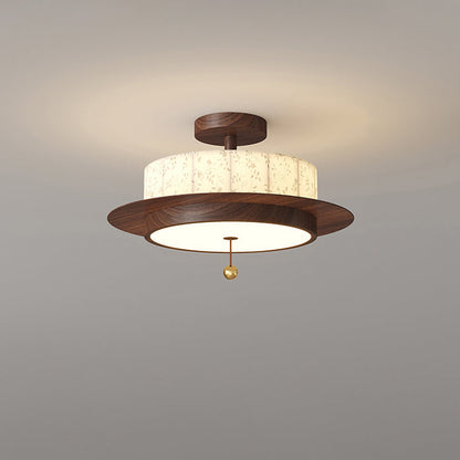 Traditional French Round Cylinder Flower Print Iron Fabric Wood LED Semi-Flush Mount Ceiling Light For Bedroom