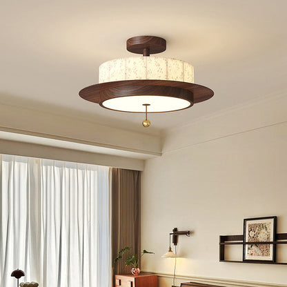 Traditional French Round Cylinder Flower Print Iron Fabric Wood LED Semi-Flush Mount Ceiling Light For Bedroom