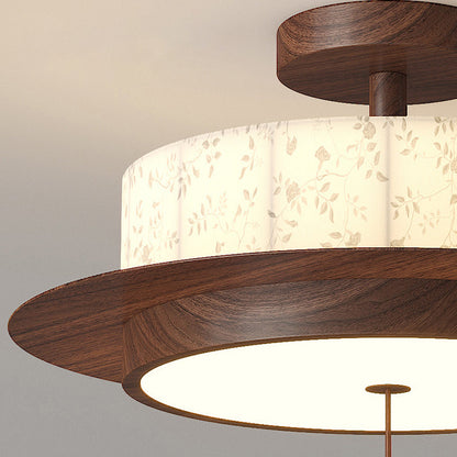 Traditional French Round Cylinder Flower Print Iron Fabric Wood LED Semi-Flush Mount Ceiling Light For Bedroom