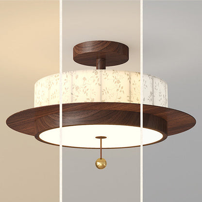 Traditional French Round Cylinder Flower Print Iron Fabric Wood LED Semi-Flush Mount Ceiling Light For Bedroom