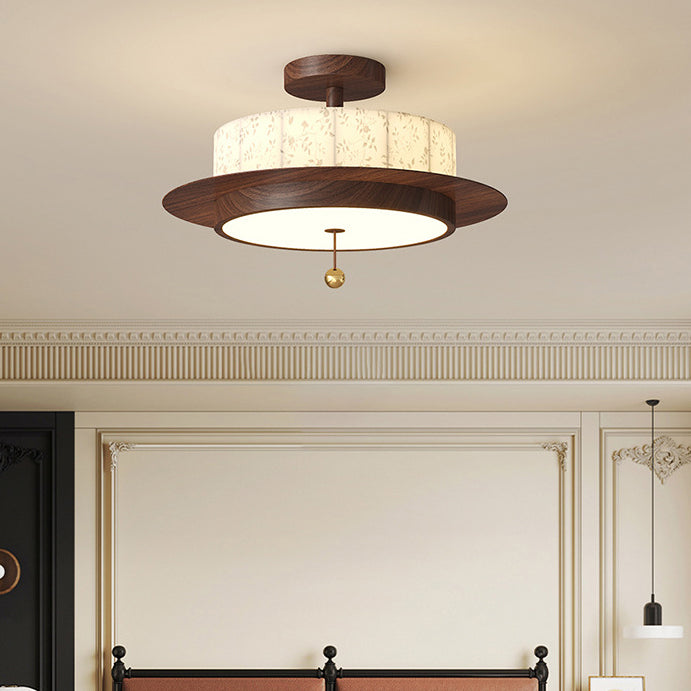 Traditional French Round Cylinder Flower Print Iron Fabric Wood LED Semi-Flush Mount Ceiling Light For Bedroom
