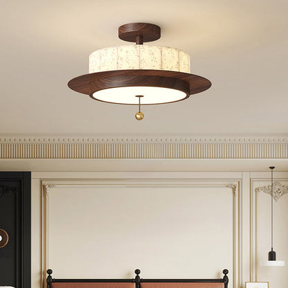 Traditional French Round Cylinder Flower Print Iron Fabric Wood LED Semi-Flush Mount Ceiling Light For Bedroom