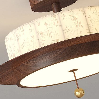 Traditional French Round Cylinder Flower Print Iron Fabric Wood LED Semi-Flush Mount Ceiling Light For Bedroom