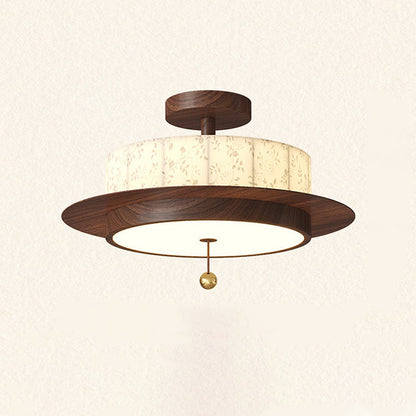 Traditional French Round Cylinder Flower Print Iron Fabric Wood LED Semi-Flush Mount Ceiling Light For Bedroom
