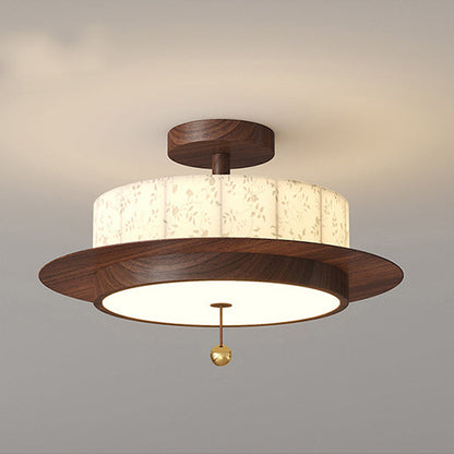 Traditional French Round Cylinder Flower Print Iron Fabric Wood LED Semi-Flush Mount Ceiling Light For Bedroom