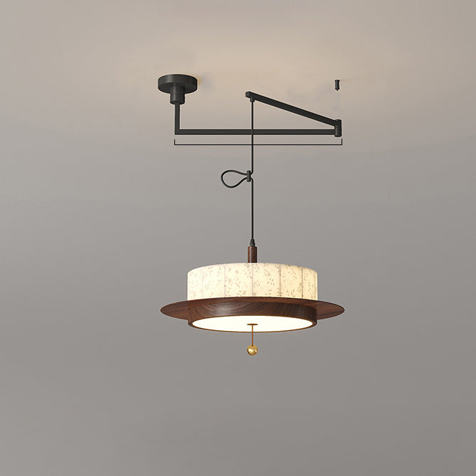 Traditional French Round Cylinder Flower Print Iron Fabric Wood LED Chandelier For Dining Room