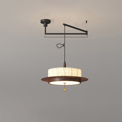 Traditional French Round Cylinder Flower Print Iron Fabric Wood LED Chandelier For Dining Room