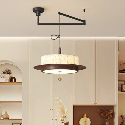 Traditional French Round Cylinder Flower Print Iron Fabric Wood LED Chandelier For Dining Room