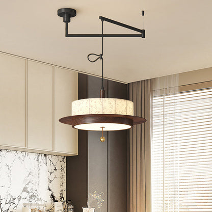 Traditional French Round Cylinder Flower Print Iron Fabric Wood LED Chandelier For Dining Room