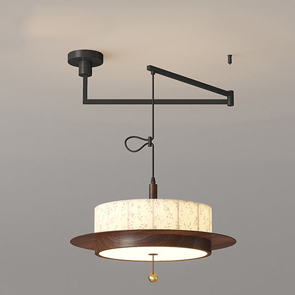 Traditional French Round Cylinder Flower Print Iron Fabric Wood LED Chandelier For Dining Room