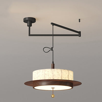 Traditional French Round Cylinder Flower Print Iron Fabric Wood LED Chandelier For Dining Room