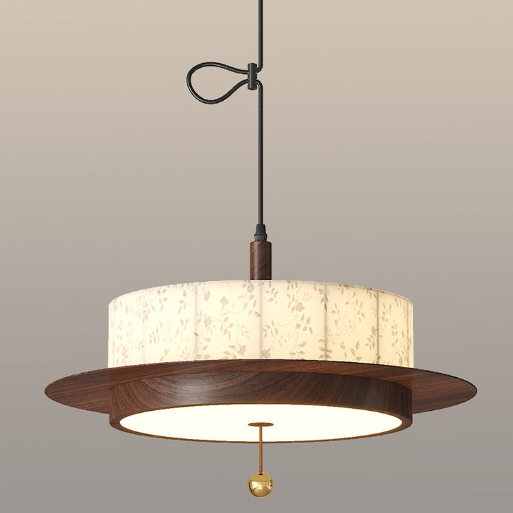Traditional French Round Cylinder Flower Print Iron Fabric Wood LED Chandelier For Dining Room