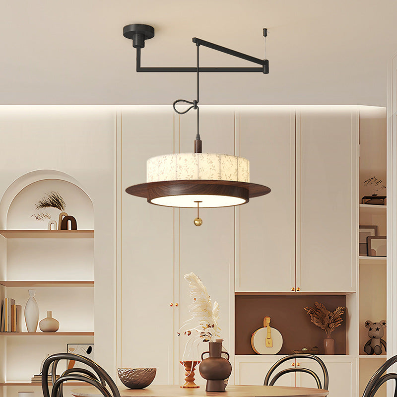 Traditional French Round Cylinder Flower Print Iron Fabric Wood LED Chandelier For Dining Room