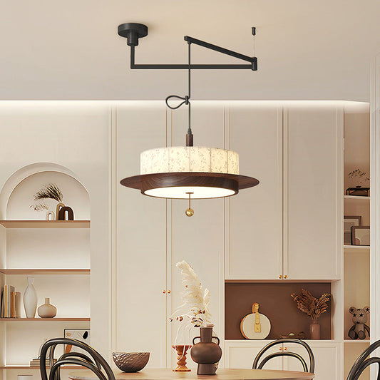 Traditional French Round Cylinder Flower Print Iron Fabric Wood LED Chandelier For Dining Room