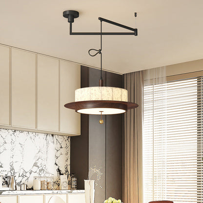 Traditional French Round Cylinder Flower Print Iron Fabric Wood LED Chandelier For Dining Room
