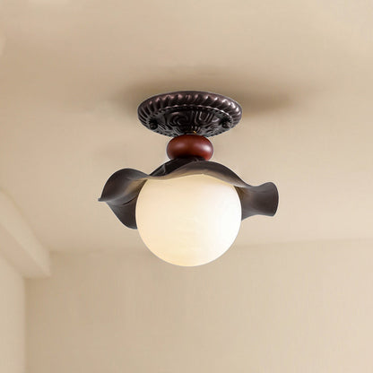 Traditional French Corrugated Edge Orb Iron Glass 1 - Light Semi-Flush Mount Ceiling Light For Hallways