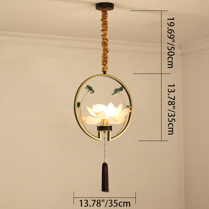 Traditional Chinese Round Lotus Iron Resin Ceramics 1 - Light Pendant Light For Dining Room
