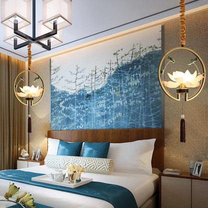 Traditional Chinese Round Lotus Iron Resin Ceramics 1 - Light Pendant Light For Dining Room