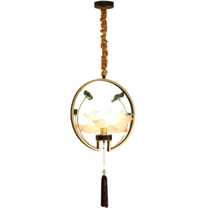 Traditional Chinese Round Lotus Iron Resin Ceramics 1 - Light Pendant Light For Dining Room