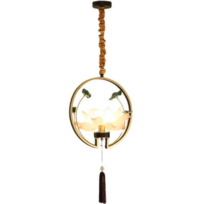 Traditional Chinese Round Lotus Iron Resin Ceramics 1 - Light Pendant Light For Dining Room