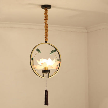 Traditional Chinese Round Lotus Iron Resin Ceramics 1 - Light Pendant Light For Dining Room