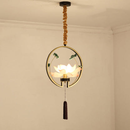 Traditional Chinese Round Lotus Iron Resin Ceramics 1 - Light Pendant Light For Dining Room