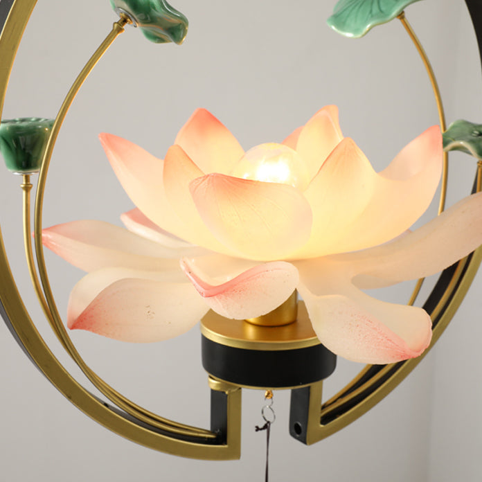 Traditional Chinese Round Lotus Iron Resin Ceramics 1 - Light Pendant Light For Dining Room