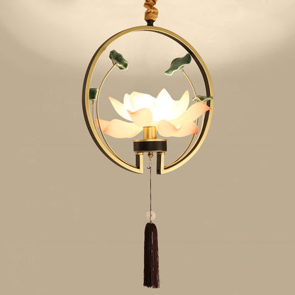 Traditional Chinese Round Lotus Iron Resin Ceramics 1 - Light Pendant Light For Dining Room
