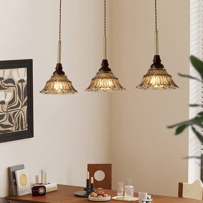 Traditional French Conical Iron Glass Solid Wood 1/3 - Light Chandelier For Dining Room