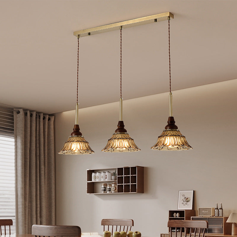 Traditional French Conical Iron Glass Solid Wood 1/3 - Light Chandelier For Dining Room