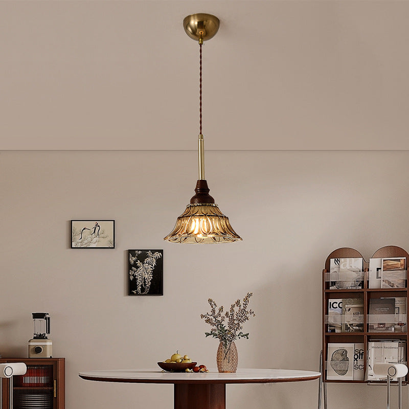 Traditional French Conical Iron Glass Solid Wood 1/3 - Light Chandelier For Dining Room