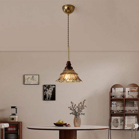 Traditional French Conical Iron Glass Solid Wood 1/3 - Light Chandelier For Dining Room