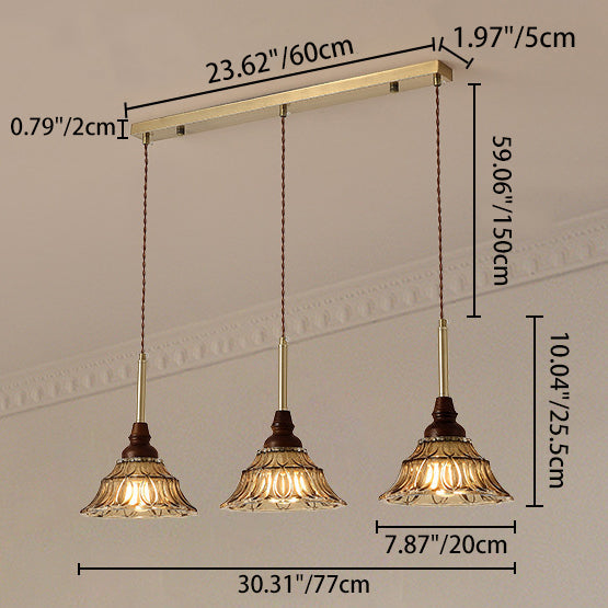 Traditional French Conical Iron Glass Solid Wood 1/3 - Light Chandelier For Dining Room