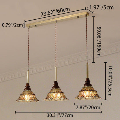 Traditional French Conical Iron Glass Solid Wood 1/3 - Light Chandelier For Dining Room