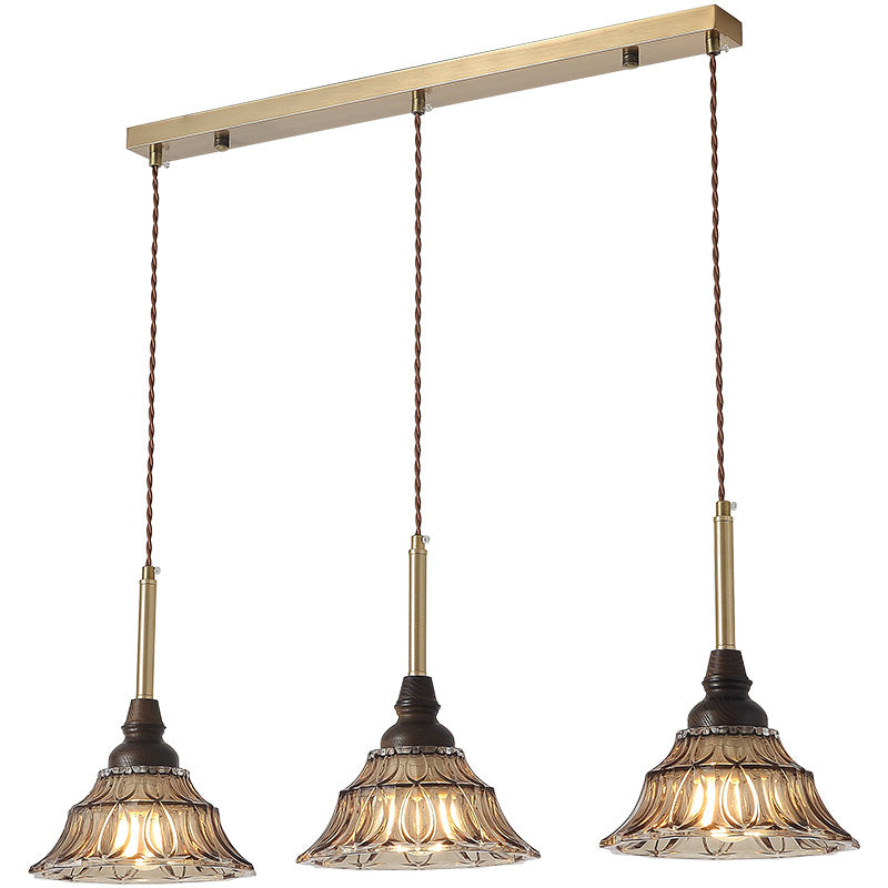 Traditional French Conical Iron Glass Solid Wood 1/3 - Light Chandelier For Dining Room
