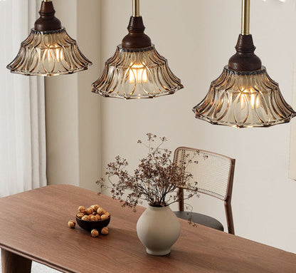 Traditional French Conical Iron Glass Solid Wood 1/3 - Light Chandelier For Dining Room